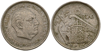 Испания 5 песет 1957 (72) Франсиско Франко (1939-1975) KM 786 медно-никель 186-723
