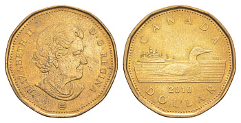 Канада 1 доллар 2010 Елизавета II (1952-2022), утка KM 495 никель плакированный позолоченной бронзой 4631-824