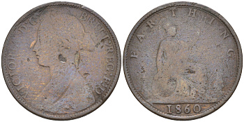 Великобритания 1 фартинг 1860 Виктория (1837-1901) KM 747.2, Spink 3958 бронза 63-215