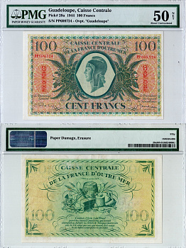 Гваделупа 100 франков 1944 в слабе PMG 50 (about Uncirculated). Свобода, товары торговл Pick 29 a  бумага  aUNC 452-3-27