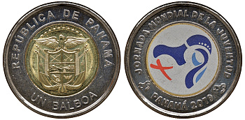 Панама 1 бальбоа 2019 Всемирный день молодежи, цветная KM NEW биметалл UNC M52-11