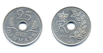 ДАНИЯ 25 ЭРЕ 1970 С; S, ФРЕДЕРИК IX (1947-1972) KM 855.1 медно-никель 51-4435