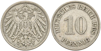Германия 10 пфеннигов 1908 A KM 12, Jager 13, Weege 8 медно-никель 219-137