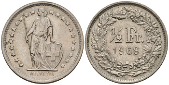Швейцария 1/2 франка 1969 B KM 23a медно-никель 4189-439