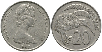 Новая Зеландия 20 центов 1967 Елизавета II (1952-2022), птичка киви KM 36.1 медно-никель 81-614