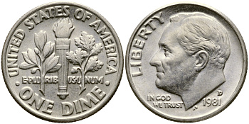 США 10 ЦЕНТОВ = 1 ДАЙМ 1981 D, РУЗВЕЛЬТ KM 195а медь плакированная медно-никелем 46-2561