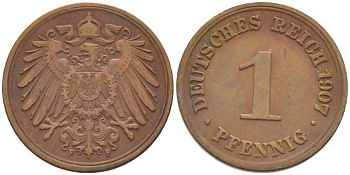 ГЕРМАНИЯ 1 ПФЕННИГ 1907 F KM 10, J. 10, Weege 2 медь 211-352