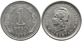 Аргентина 1 песо 1959 голова свободы влево KM 57 сталь плакированная никелем 3336-735