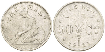 БЕЛЬГИЯ 50 САНТИМОВ 1923 BELGIE KM 88 никель 4546-214