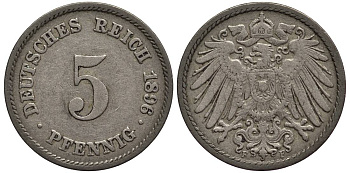 ГЕРМАНИЯ 5 ПФЕННИГОВ 1896 F KM 11, Jager 12, Weege 6 медно-никель 4547-349