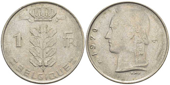 БЕЛЬГИЯ 1 ФРАНК 1970 BELGIQUE, БОДУЭН I (1951-1993) KM 142.1 медно-никель 119-512