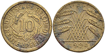 ГЕРМАНИЯ 10 РЕНТЕНПФЕННИГОВ 1924 А KM 33, J. 309 алюминиевая бронза 4401-352