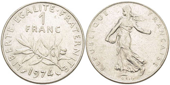 ФРАНЦИЯ 1 ФРАНК 1974 СЕЯТЕЛЬ KM 925.1, LE FRANC 226.19 никель 216-1034