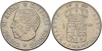 Швеция 1 крона 1969 U, Густав VI Адольф (1950-1973) KM 826а медь плакированная медно-никелем 4161-635