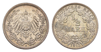 Германия 1/2 марки 1915 A, Вильгельм II (1888-1918) KM 17, J. 16 серебро UNC 4625-1037
