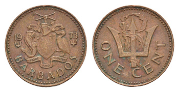 Барбадос 1 цент 1973 сломанный трезубец Британии KM 10 бронза 4644-567