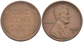 США 1 ЦЕНТ 1956 D, ЛИНКОЛЬН KM А132 медь цинк 3309-1154