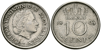 НИДЕРЛАНДЫ 10 ЦЕНТОВ 1964 ЮЛИАНА KM 182 никель 96-464