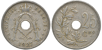 Бельгия 25 сантимов 1927 Belgie KM 69 медно-никель 4163-627