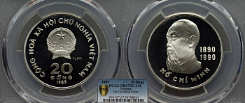 ВЬЕТНАМ 20 ДОНГОВ 1989 100 ЛЕТ СО ДНЯ РОЖДЕНИЯ ХО ШИ МИНА (1890-1990), В СЛАБЕ PCGS PR 67 DCAM KM 40а серебро PROOF 00-000-00