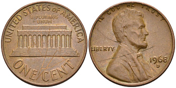 США 1 цент 1968 D, Линкольн, раскол штемпеля KM 201 медь цинк 4115-845