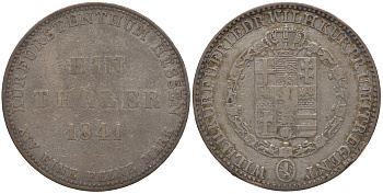 Гессен-Кассель 1 талер 1841 Вильгельм II Гессен-Кассельский (1821-1847) и Фридрих Вильгельм I (1831-1847) КМ 587, AKS 46, J. 32 серебро 00-1067-9-63