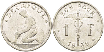БЕЛЬГИЯ 1 ФРАНК 1930 BELGIQUE, АЛЬБЕРТ I (1909-1934) KM 89 никель 202-917
