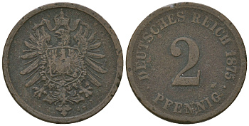 Германия 2 пфеннига 1875 J, старогербовка KM 2, J.2 медь 4651-1148