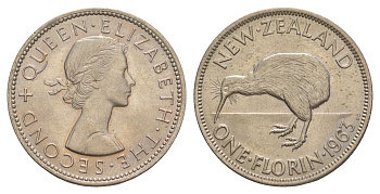 Новая Зеландия 1 флорин = 2 шиллинга 1963 Елизавета II (1952-2022), птичка киви KM 28.2 медно-никель UNC 4650-815