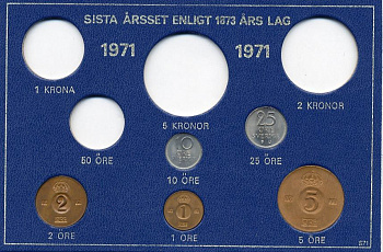 Швеция 1, 2, 5, 10, 25 эре 1971 Густав VI Адольф (1950-1973) в картоне набора монетного двора UNC 7-5-7-258