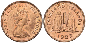 Фолклендские острова 1 пенни 1983 Елизавета II (1952-2022), папуанский пингвин KM 2 бронза 220-911