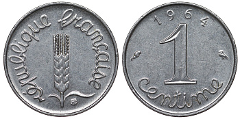 Франция 1 сантим 1964 пятая республика KM 928, Le Franc 106.8 нержавеющая сталь 4124-358