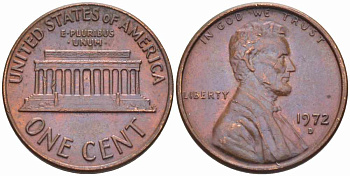 США 1 ЦЕНТ 1972 D, ЛИНКОЛЬН KM 201 медь цинк 105-625