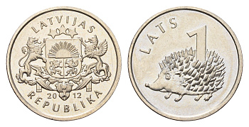 Латвия 1 лат 2012 Ежик KM 135 медно-никель UNC 4679-365