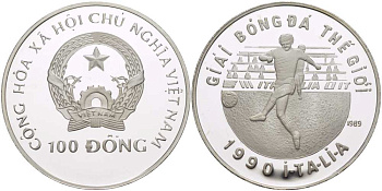 Вьетнам 100 донг 1989 Чемпионат мира по футболу в Италии 1992 года, игрок KM 30 серебро PROOF 1074-4-31