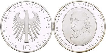 ФРГ 10 евро 2004 F, 200 лет со дня рождения Эдуарда Мёрике KM 233, DE.S. 10.16 серебро PROOF 1085-5-52