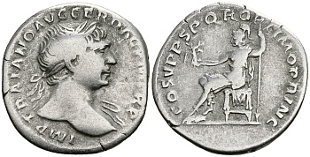 Римская Империя денарий 103 - 111 Траян COS V PP SPQR OPTIMO PRINC Рома, держащая Викторию Рим Very fine RIC 116 серебро 1073-4-2-6