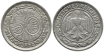 Германия 50 рейхспфеннигов 1928 A KM 49, J. 324 никель 24-1216