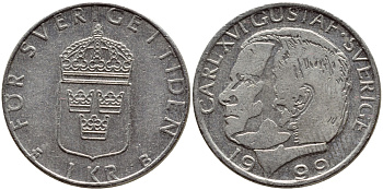 Швеция 1 крона 1999 Карл XVI Густав (1973- ) KM 852a медно-никель 4610-1043