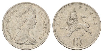 Великобритания 10 пенсов 1969 Елизавета II (1952-2022) KM 912, Spink 4231 (F1) медно-никель 4673-922