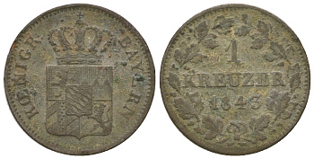 Бавария 1 крейцер 1843 Людвиг I (1825-1848) KM 422, AKS 88 серебро 4615-1222