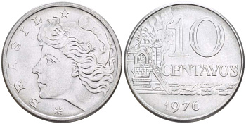 Бразилия 10 сентаво 1976 KM 578.1a, Schon 83b нержавеющая сталь 4529-357