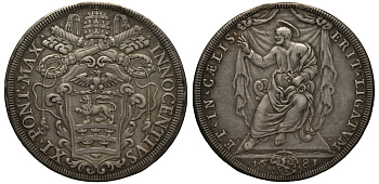 Ватикан 1 пиастр 1681 Иннокентий XII, Святой Петр Dav. 4090, Muntoni 32 серебро 00-000-00