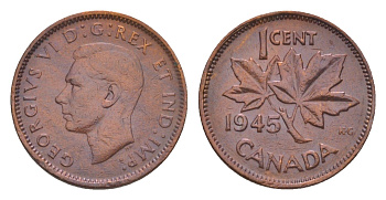 Канада 1 цент 1945 Георг VI (1936-1952), кленовый лист KM 32 бронза 4639-259