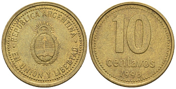 Аргентина 10 сентаво 1993 KM 107, CJ 3, Schon 110 алюминиевая бронза 4609-1249