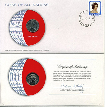 Новая Зеландия 10 центов 1978 Елизавета II (1952-2022), маска маори, монета в конверте с маркой и спецгашением UNC 4294-16-2