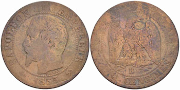 Франция 5 сантимов 1855 B, Наполеон III (1852-1870) KM 777.2, LE FRANC 116.19 бронза 108-314