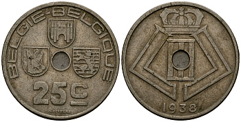 Бельгия 25 сантимов 1938 Belgie - Belgique KM 115 никель латунь 4117-413