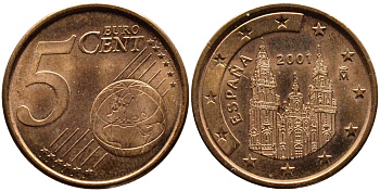 ИСПАНИЯ 5 ЕВРОЦЕНТОВ 2001 KM 1042 сталь плакированная медью 4391-143