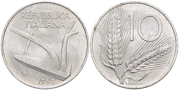 ИТАЛИЯ 10 ЛИР 1968 R, КОЛОСЬЯ, ПЛУГ KM 93 алюминий 4513-644